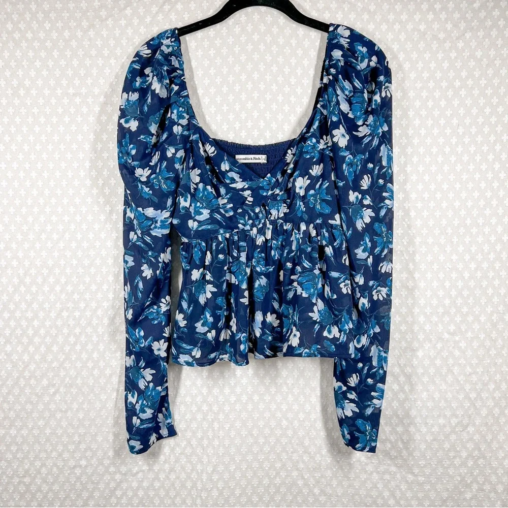 Abercrombie & Fitch Blue‎ White Floral Puff Sleeve Top